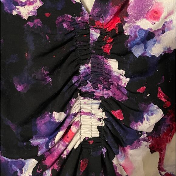 Alfani Woman 3X Floral Ruched V-Neck Tunic Top – Black Purple Fuchsia - Picture 3 of 5